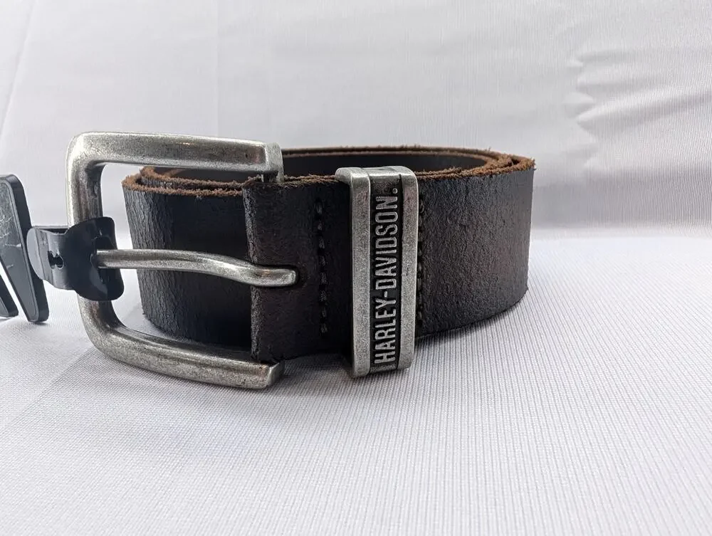 NWT Harley Davidson Men's Metal Keeper Logo Genuine Leather Belt in Brown sz Med